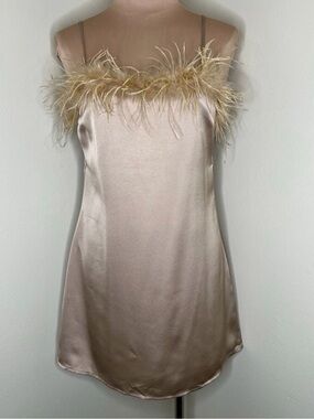 Feather-Trim Satin Slip Dress - Blush